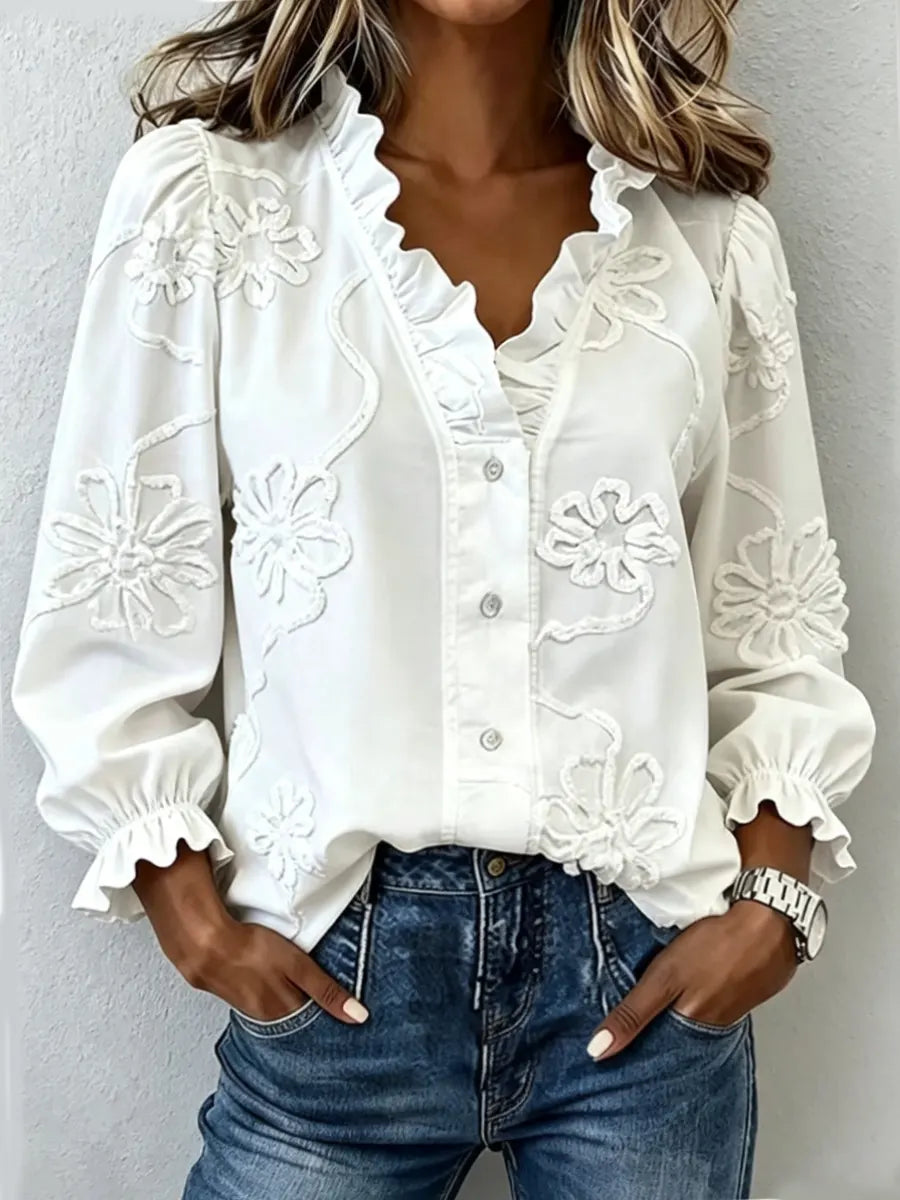 Retro Elegant Ruffle Floral Embroidered Art Casual Stylish Long Sleeve Cotton Shirt