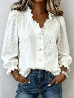 Retro Elegant Ruffle Floral Embroidered Art Casual Stylish Long Sleeve Cotton Shirt