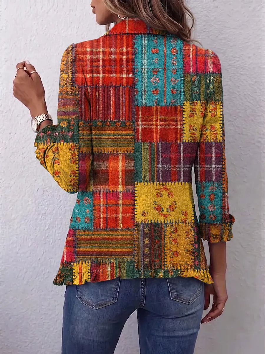 Retro Floral Patchwork Pattern Art Print Ruffle Casual Stylish Cotton Lapel Coat
