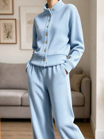 Vintage Chic Waffle Art Casual Stylish Long Sleeve Coat And Pants Two-piece Suit