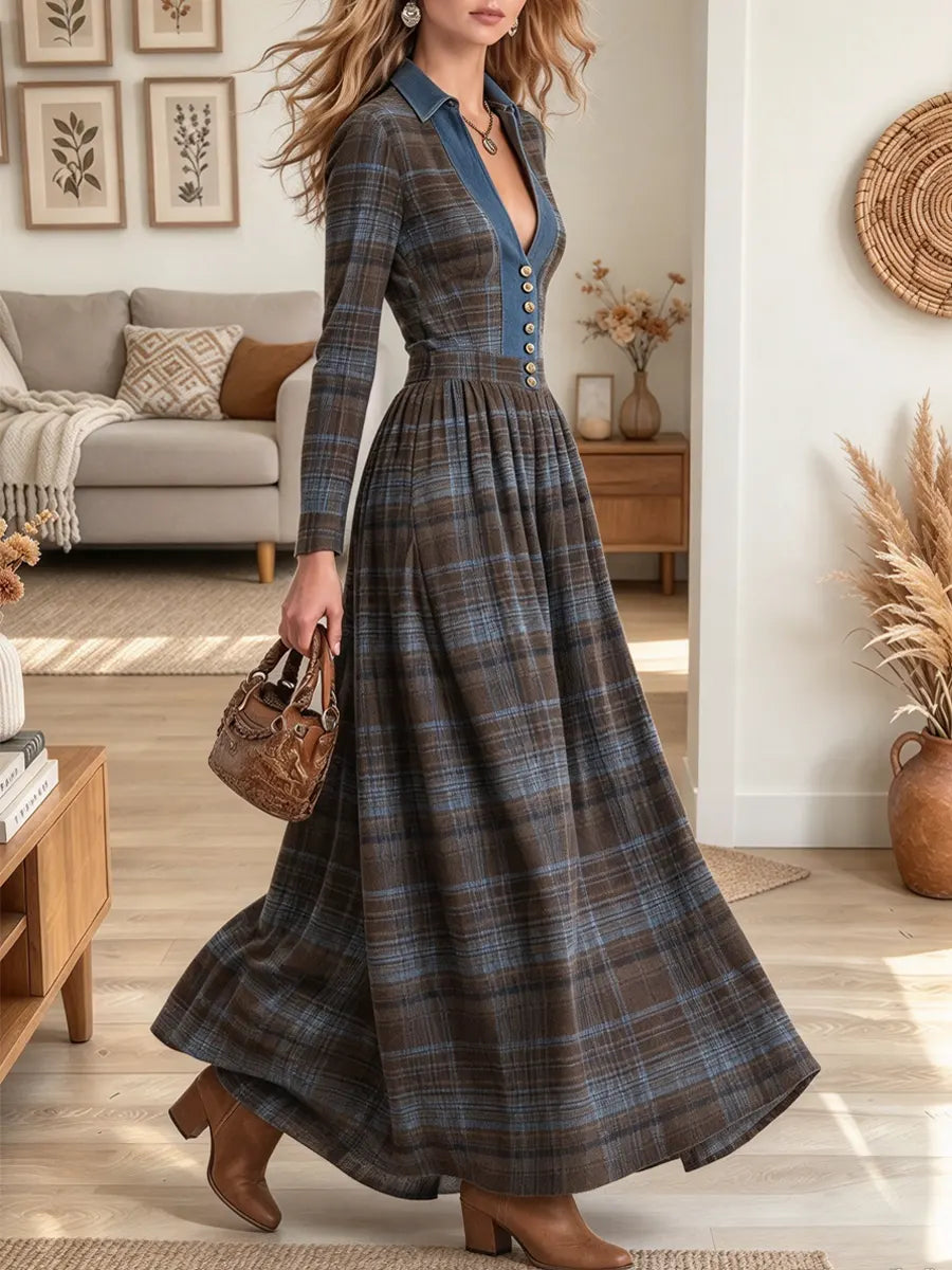 Vintage Chic Plaid Pattern Art Casual Stylish Long Sleeve Maxi Dress