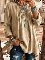 Solid Color Round Neck Art Casual Long Sleeve Cotton Linen Shirt