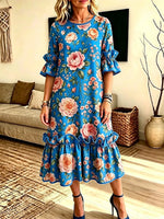 Retro Floral Pattern Art Print Casual Ruffle Stylish Cotton Linen Dress