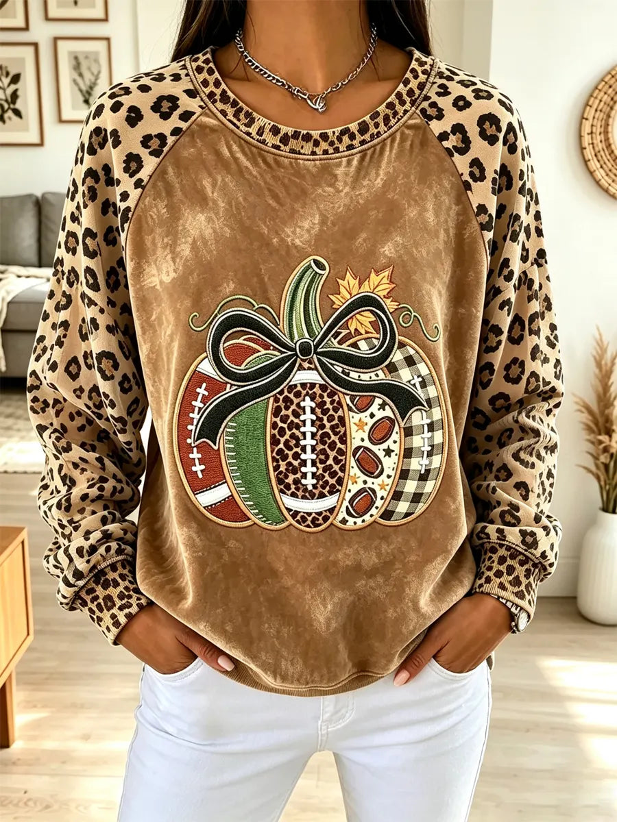 Retro Pumpkin Leopard Pattern Art Print Casual Long Sleeve Sweatshirt