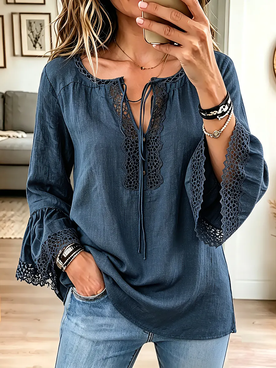 Vintage Elegant Cotton And Linen Patchwork Lace Shirt