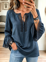 Vintage Elegant Cotton And Linen Patchwork Lace Shirt