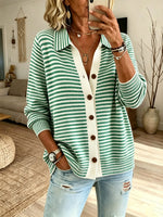 Women Green White Horizontal Stripe Collared Single Breasted Loose Knit Cardigan
