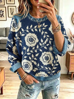 Vintage Floral Pattern Art Denim Patchwork Casual Stylish Long Sleeve Knitted Top