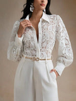Retro Elegant Floral Lace Hollow Lapel Art Casual Stylish Long Sleeve Shirt