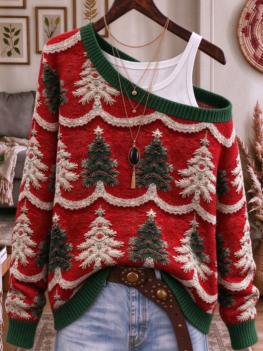 Women's Christmas Seamless Print Off-shoulder Long-sleeve Loose Knit Pullover Sweater