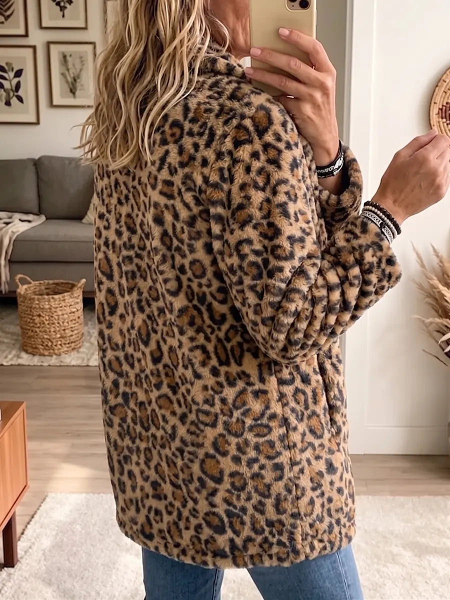 Vintage Elegant Leopard Print Fleece Coat