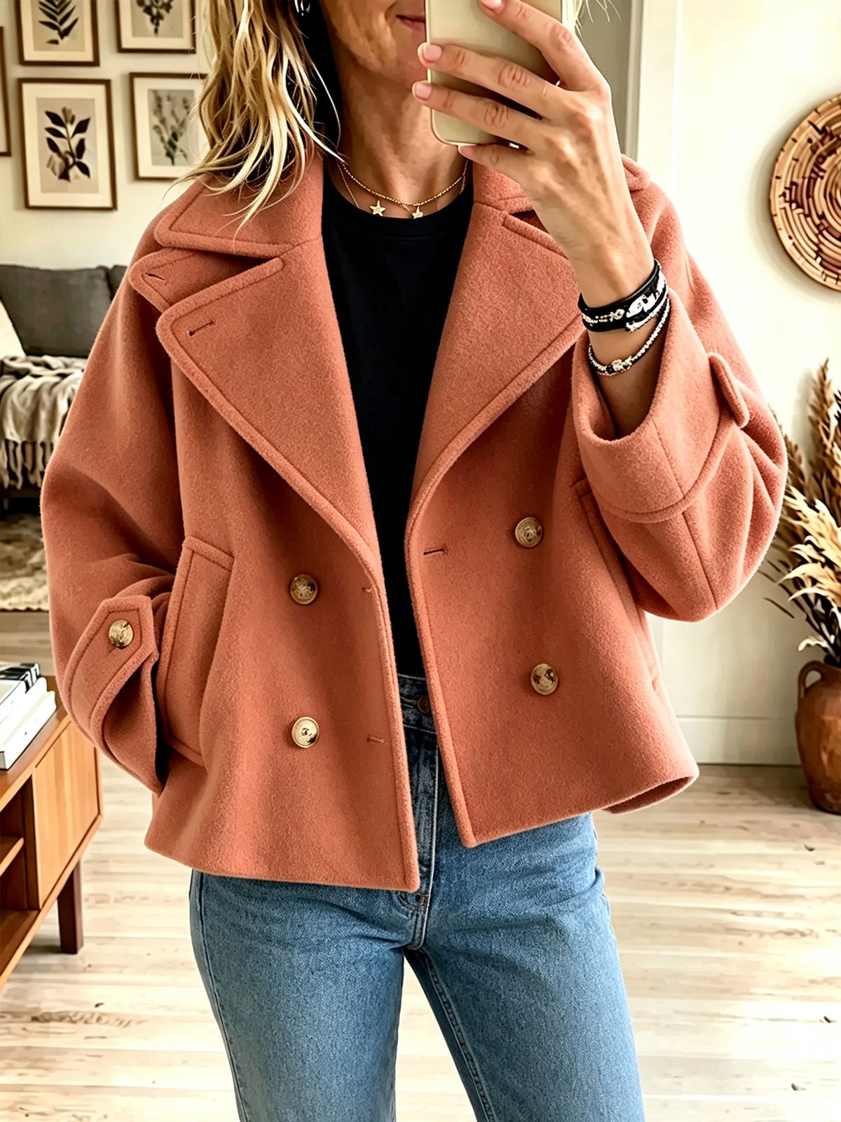 Women's Cropped Double Breasted Wool Blend Coat, Notched Lapel Short Pea Jacket