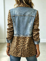 Retro Leopard Long Sleeve Lapel Casual Stylish Denim Patchwork Suit Coat