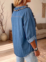 Vintage Elegant Denim Patchwork Leopard Print Shirt