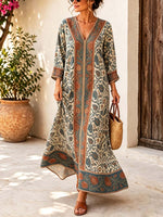 Retro Ethnic Floral Pattern Art Print Casual V-neck Cotton Linen Maxi Dress
