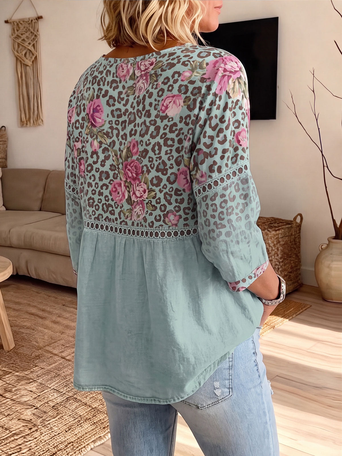 Women's Hollow Lace Spliced Leopard Floral Patchwork 3/4 Sleeve Blouse