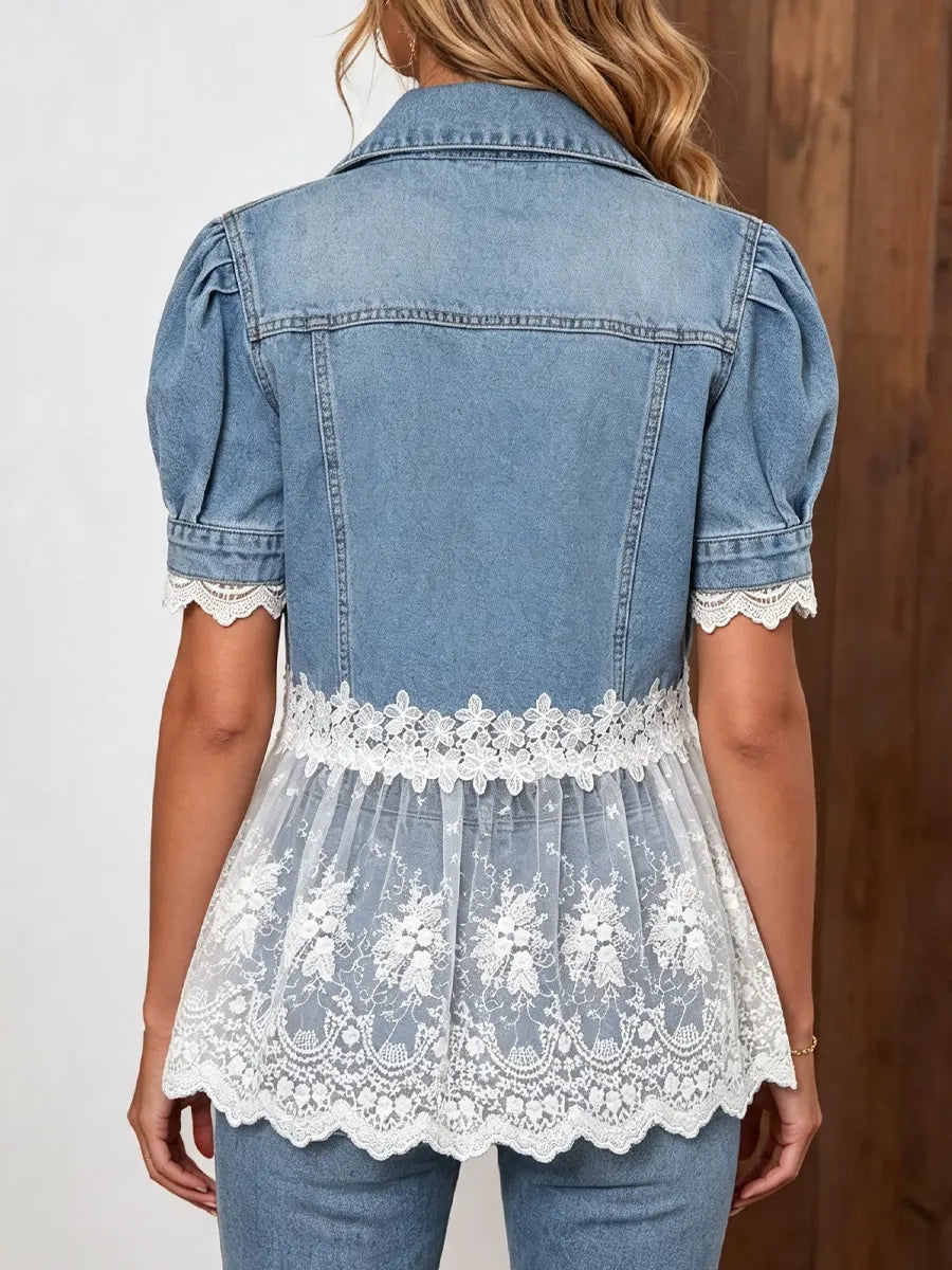 Retro Floral Lace Patchwork Casual Stylish Short Sleeve Denim Lapel Coat