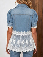 Retro Floral Lace Patchwork Casual Stylish Short Sleeve Denim Lapel Coat