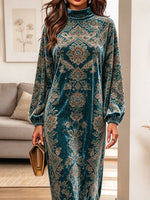 Retro Floral Pattern Art Print Casual Stylish Long Sleeve Velvet Dress