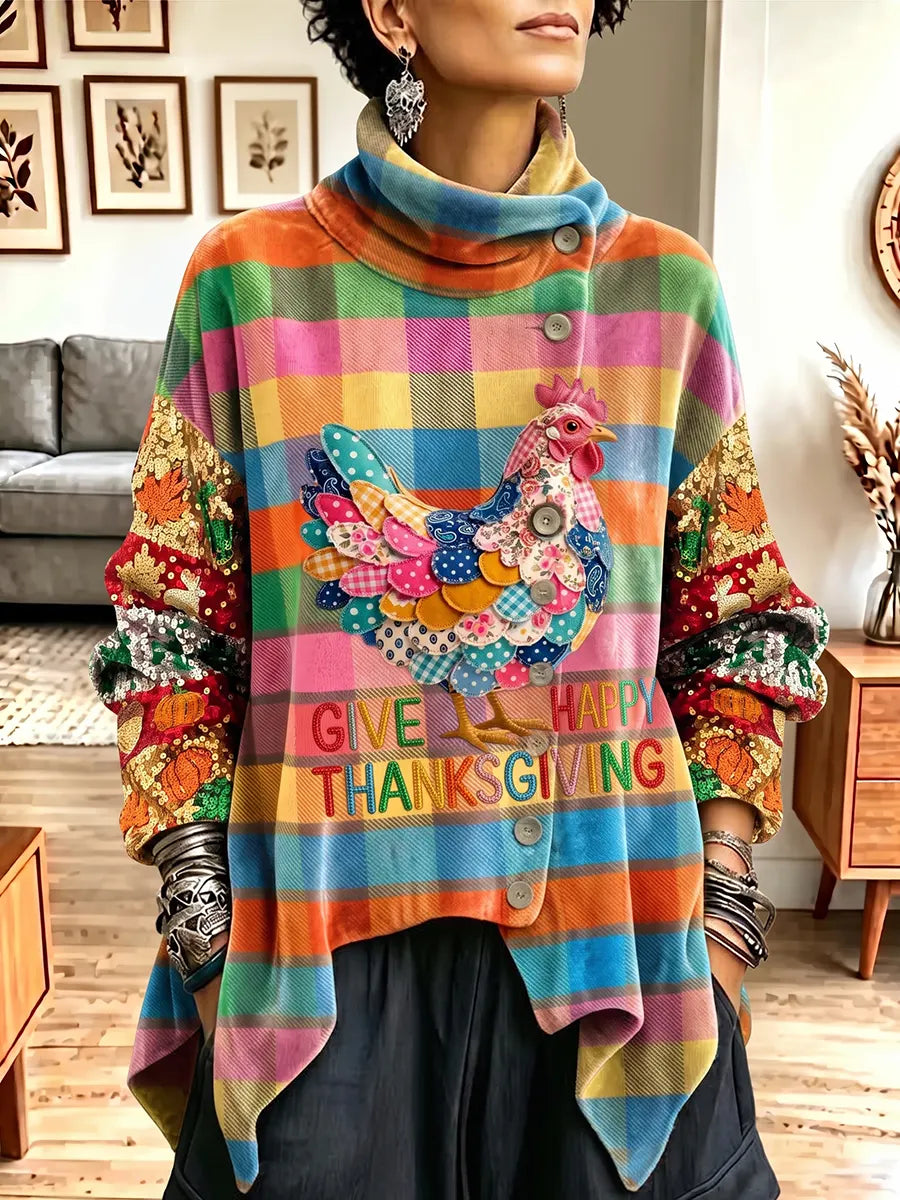 Vintage Elegant Sparkly Thanksgiving Chicken Velvet Button-Up Jacket