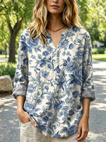 Women's Retro Floral Pattern Art Print Casual Long Sleeve Linen Shirt