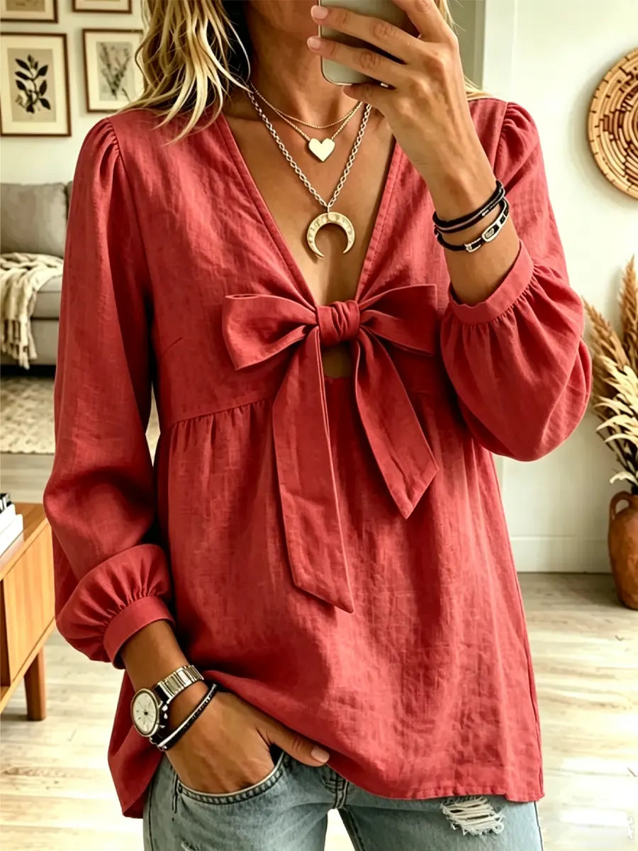 Retro Solid Color Bow Knot Art Casual Long Sleeve Cotton Shirt