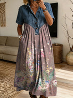Women’s Denim Spliced Floral Dragonfly Print Shirt Midi Dress With Pockets
