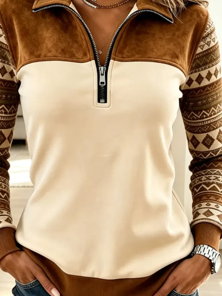 Vintage Pattern Zip Art Casual Stylish Lapel Long Sleeve Top