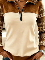 Vintage Pattern Zip Art Casual Stylish Lapel Long Sleeve Top