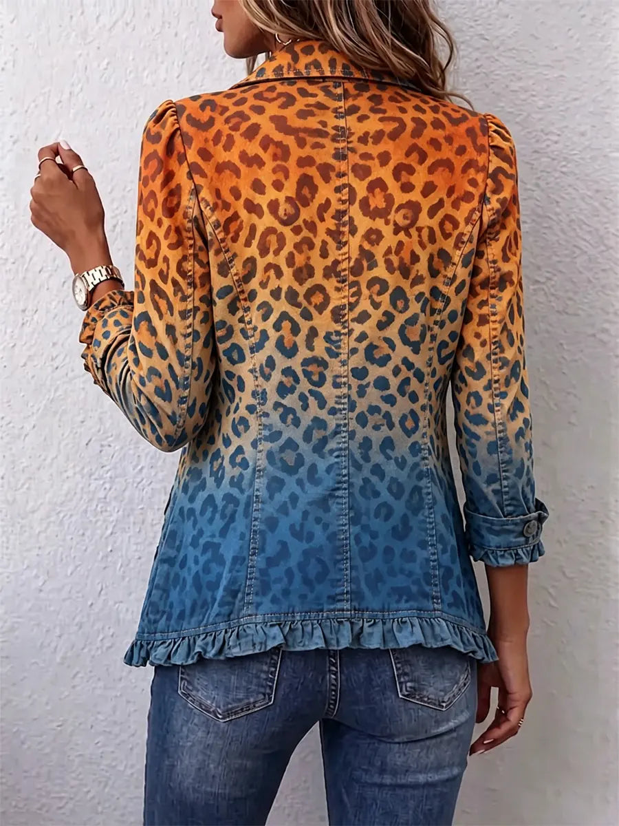 Retro Leopard Pattern Art Print Ruffle Casual Stylish Cotton Lapel Coat