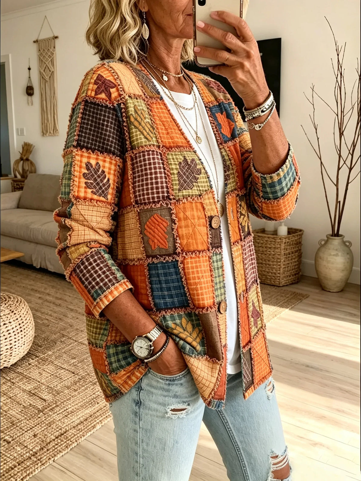 Women's Vintage Patchwork Maple Plaid V-neck Cardigan