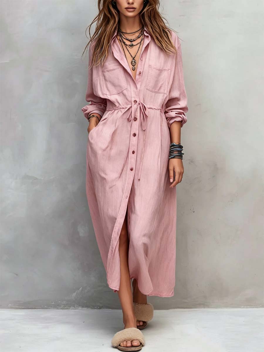 Retro Lapel Art Button Casual Long Sleeve Stylish Long Dress