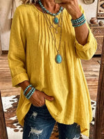 Solid Color Round Neck Art Casual Long Sleeve Cotton Linen Shirt