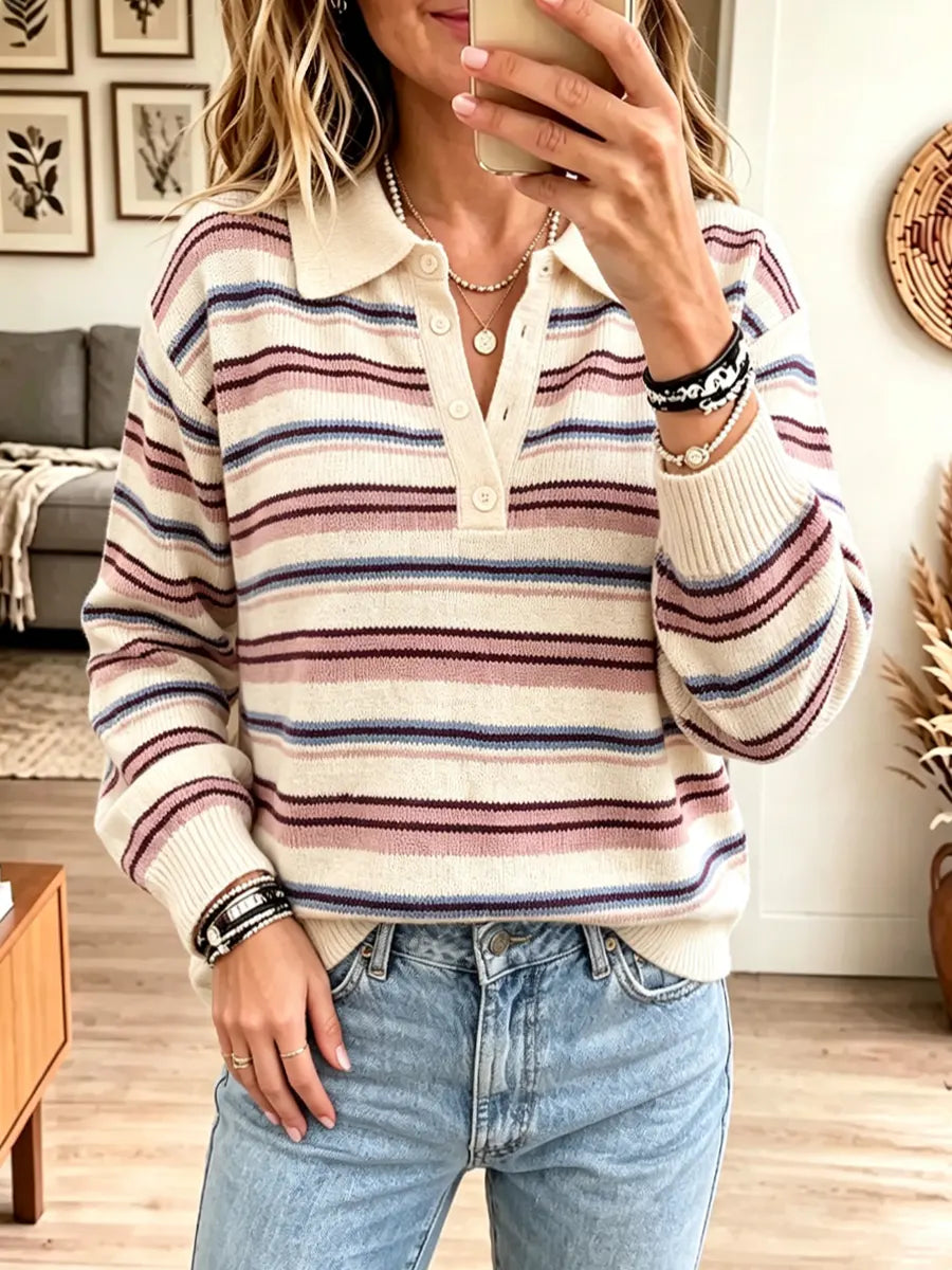 Elegant Stripe Pattern Knit Art Casual Stylish Long Sleeve Sweater