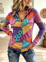 Vintage Patchwork Zip Art Casual Stylish Hooded Long Sleeve Top