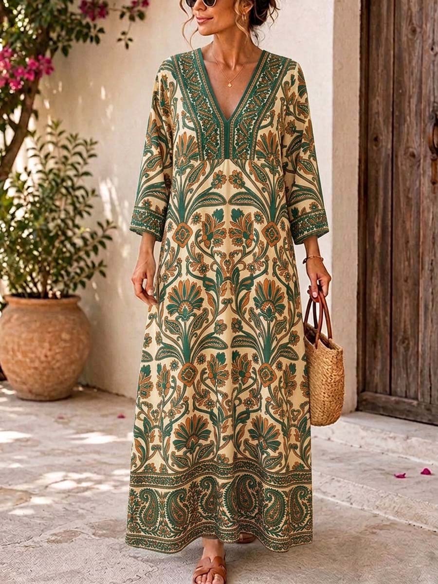 Retro Floral Pattern Art Print Casual V-neck Cotton Linen Maxi Dress