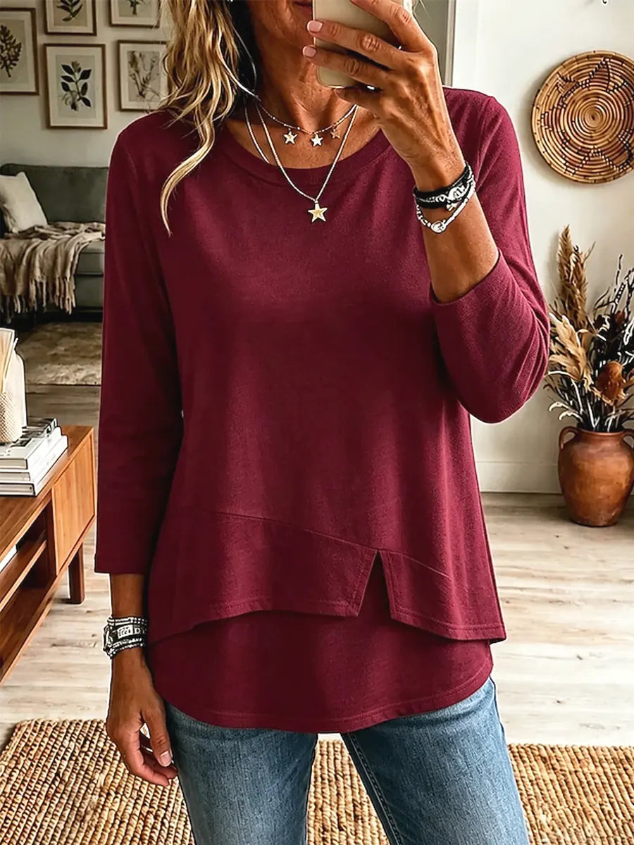 Solid Color Asymmetrical Hem Art Casual Stylish 3/4 Sleeve Cotton Shirt