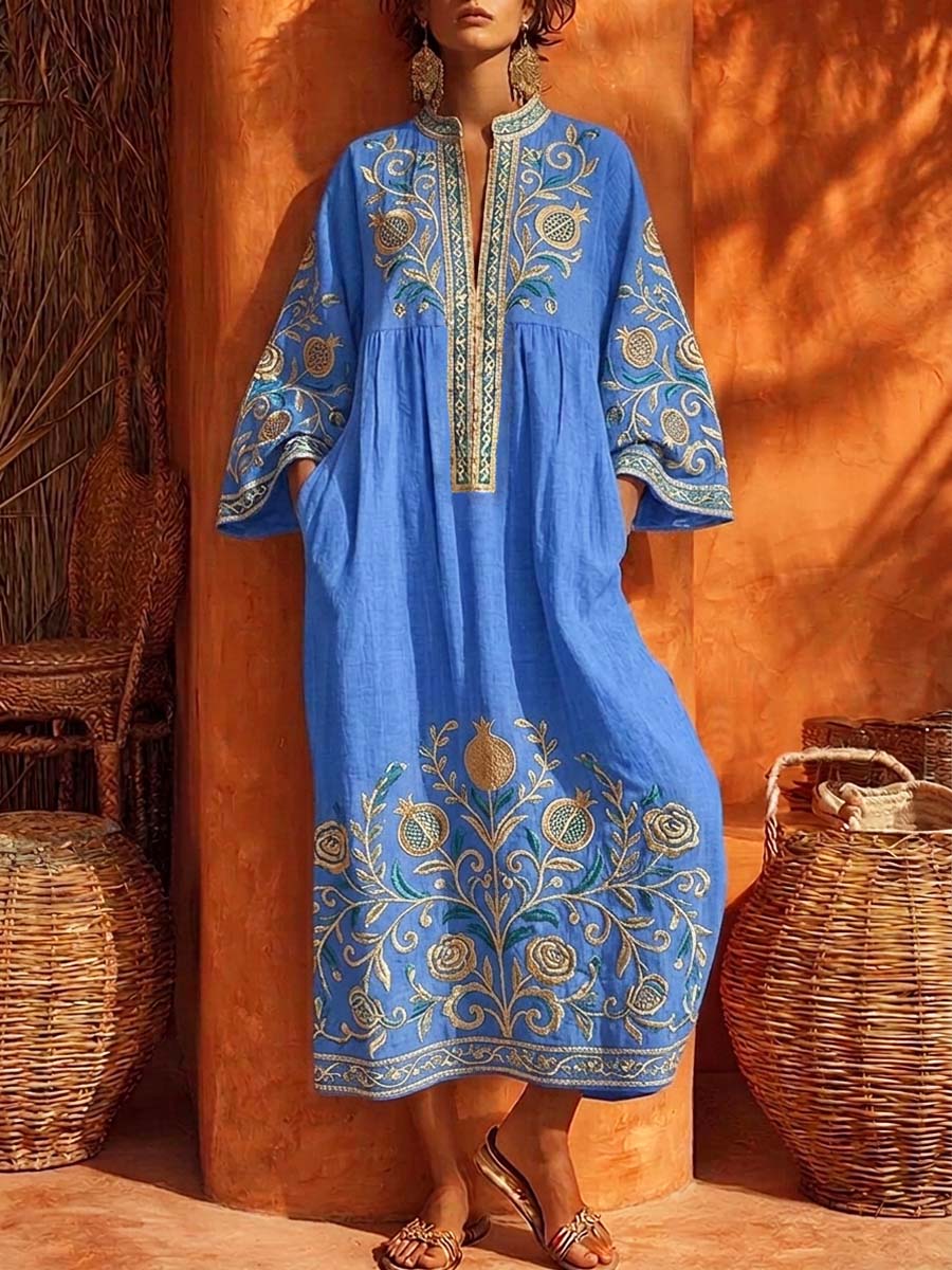 Retro Ethnic Floral Pattern Art Print Casual Stand Collar Cotton Linen Maxi Dress
