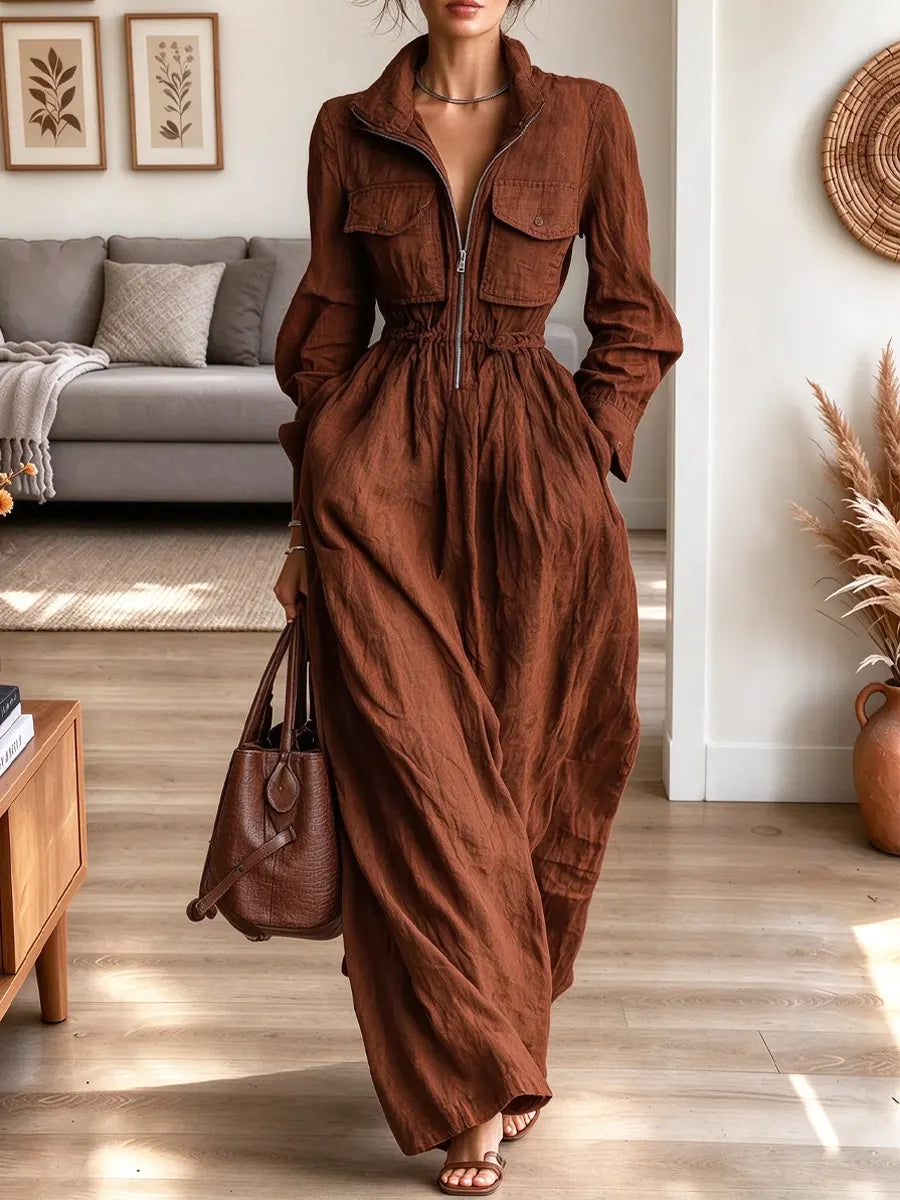 Vintage Chic Zip Lapel Art Casual Stylish Long Sleeve Maxi Dress