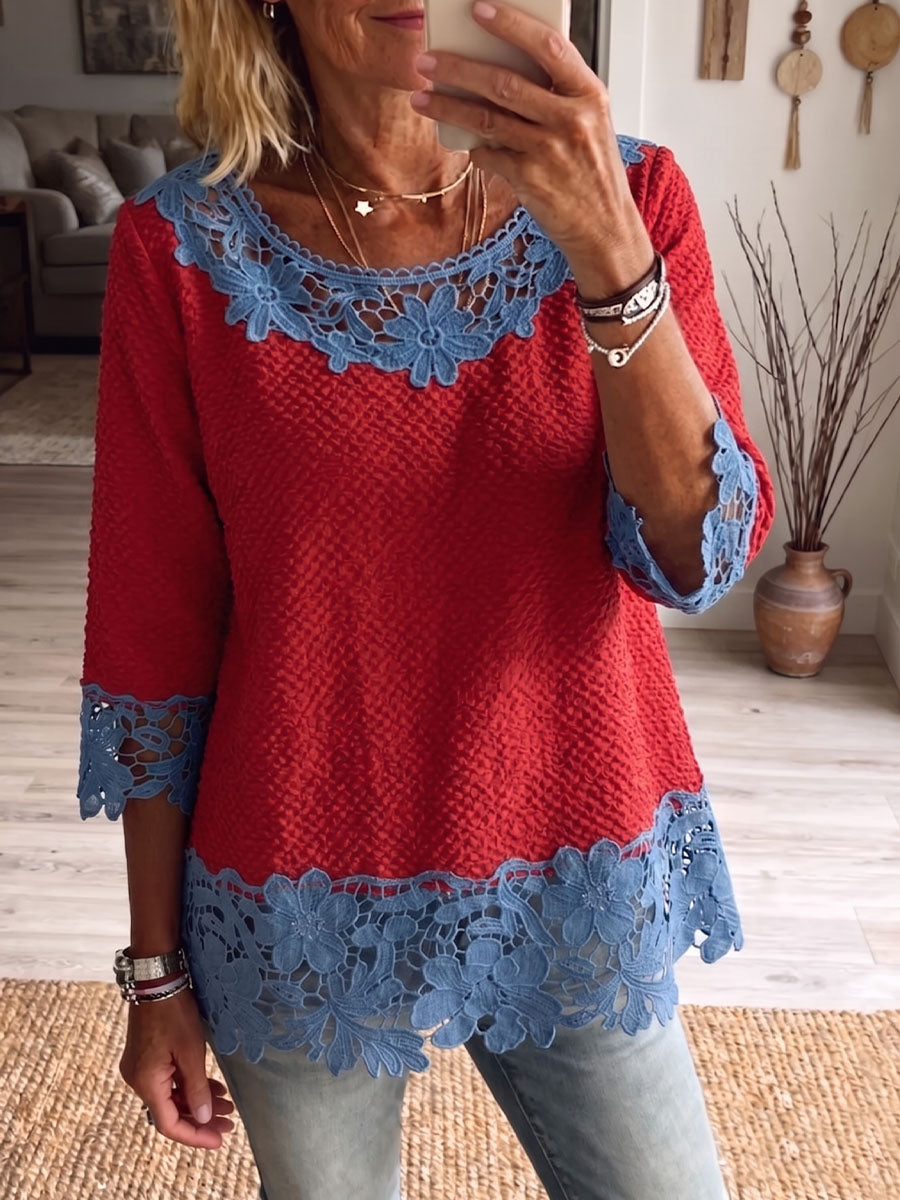Vintage Elegant Pattern Print Patchwork Hollowed Out Lace Shirt