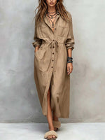 Retro Lapel Art Button Casual Long Sleeve Stylish Long Dress