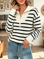 Elegant Stripe Pattern Zip Knit Art Casual Stylish Long Sleeve Sweater