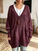 Women Oversized V‑Neck Multi‑Pocket Loose Long Knit Sweater