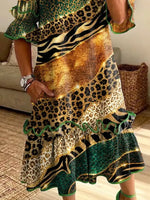 Retro Leopard Patchwork Pattern Art Print Casual Ruffle Stylish Cotton Linen Dress