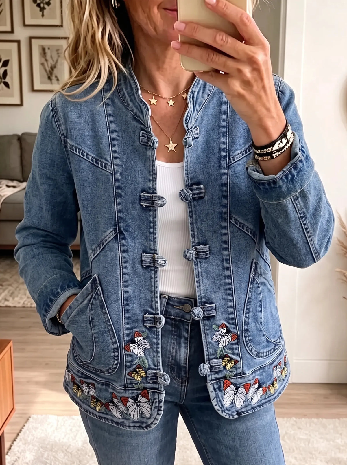 Retro Washed Denim Jacket with Butterfly Embroidery & Mandarin Knot Closure