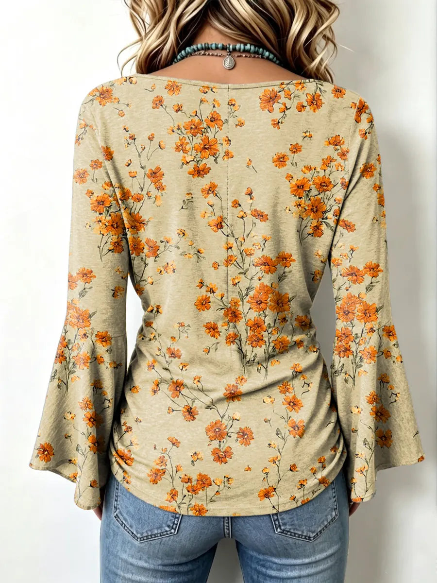 Retro Floral Pattern Art Print Casual Stylish Cotton V Collar Shirt
