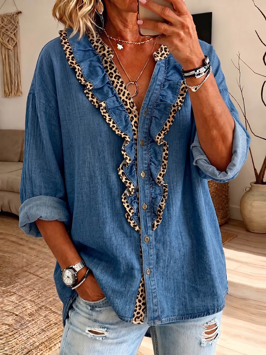 Vintage Elegant Denim Patchwork Leopard Print Shirt