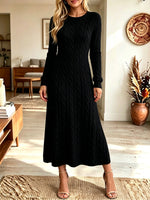 Women Round Neck Cable Knit Long Sleeve A‑Line Midi Sweater Dress