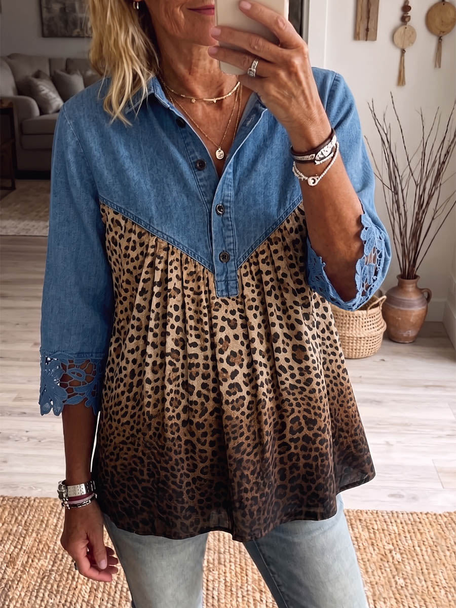 Vintage Elegant Denim Patchwork Hollowed Out Lace Leopard Print Shirt