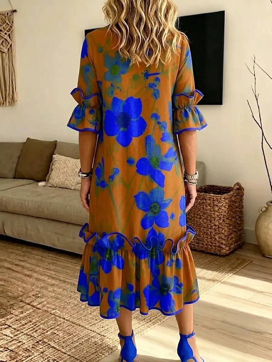 Retro Floral Pattern Art Print Casual Ruffle Stylish Cotton Linen Dress